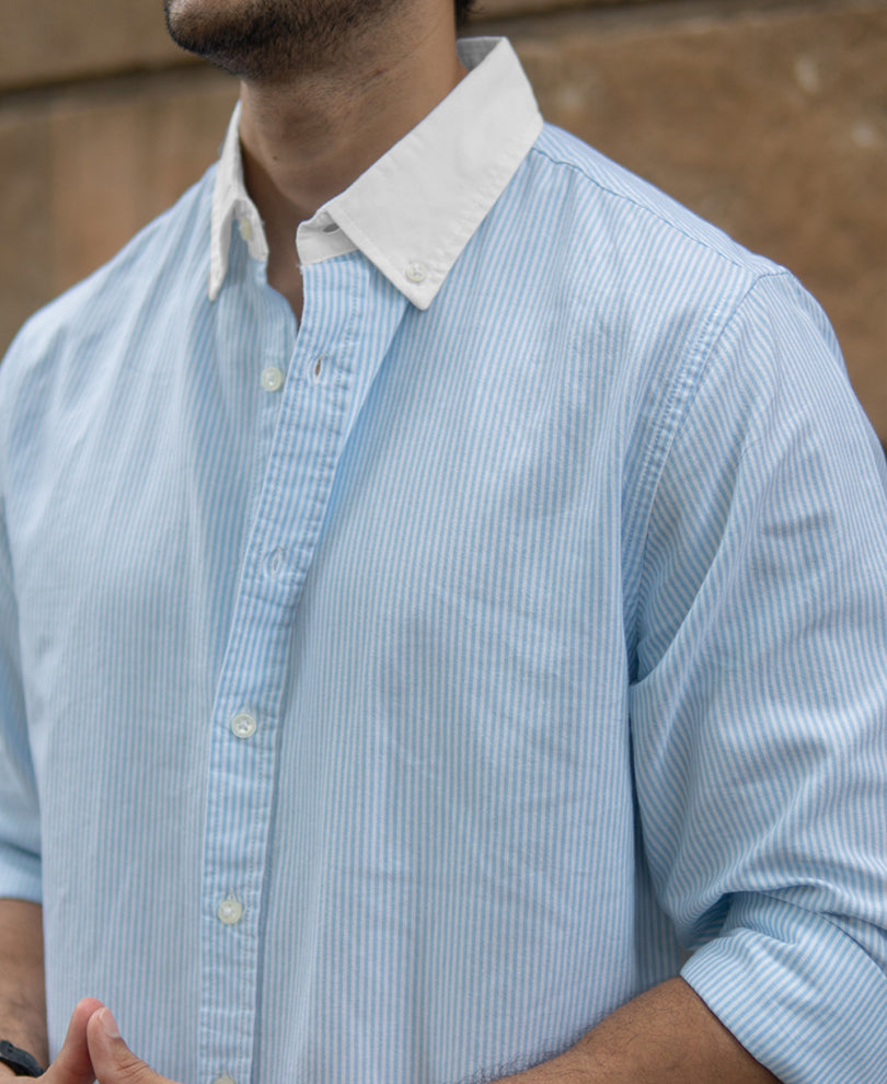 Blue Oxford Contrast Collar Stripe Shirt