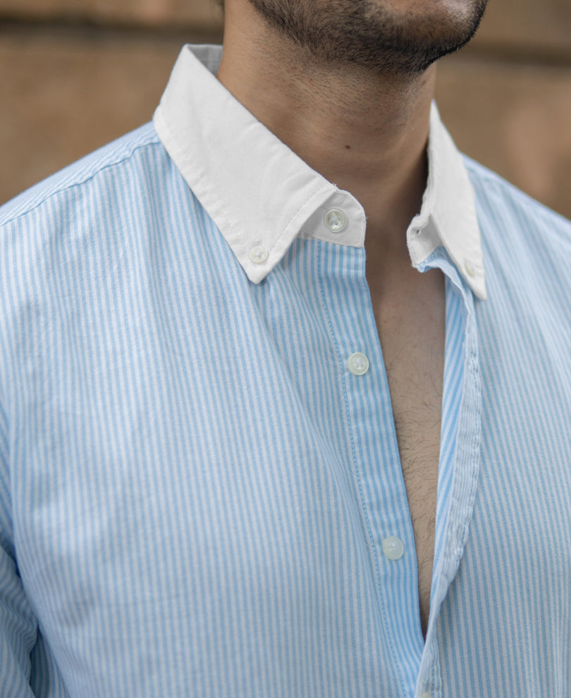 Blue Oxford Contrast Collar Stripe Shirt