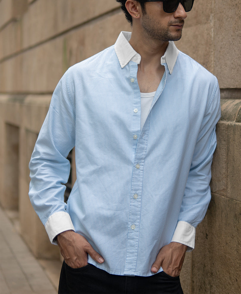 Blue Oxford Contrast Collar Stripe Shirt