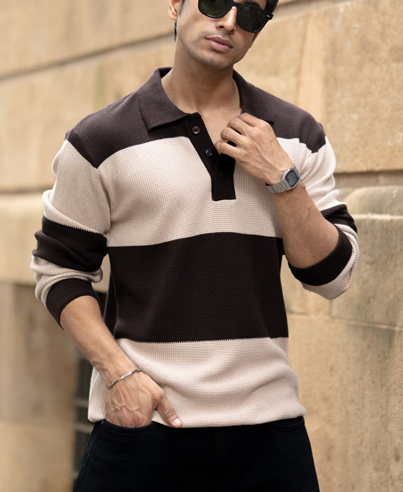 Brown Structured Knit Striped T-Shirt