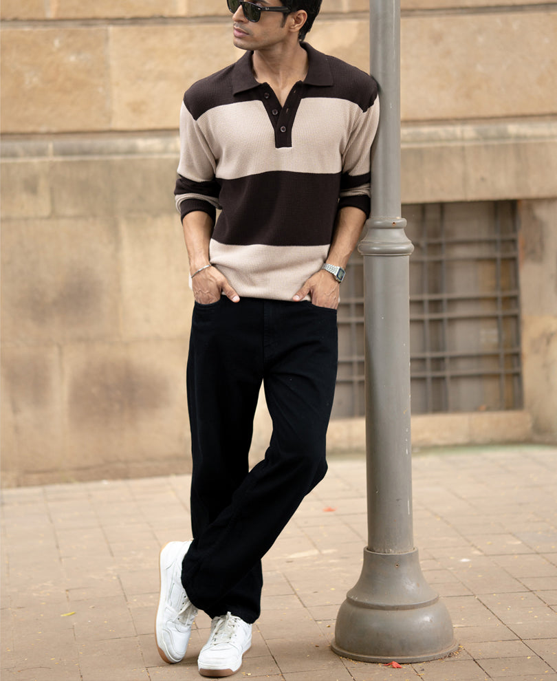 Brown Structured Knit Striped T-Shirt