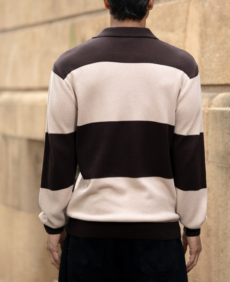 Brown Structured Knit Striped T-Shirt