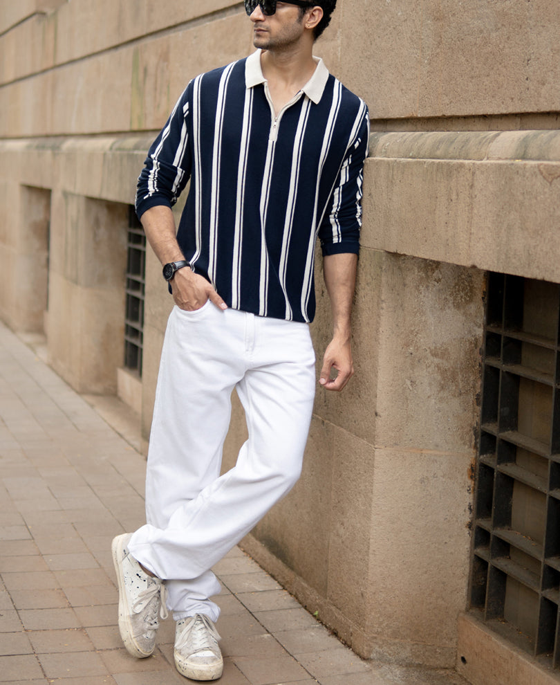 Navy Striped Knit Zipper T-Shirt