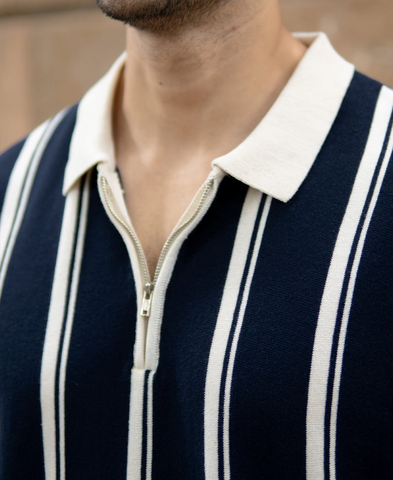 Navy Striped Knit Zipper T-Shirt