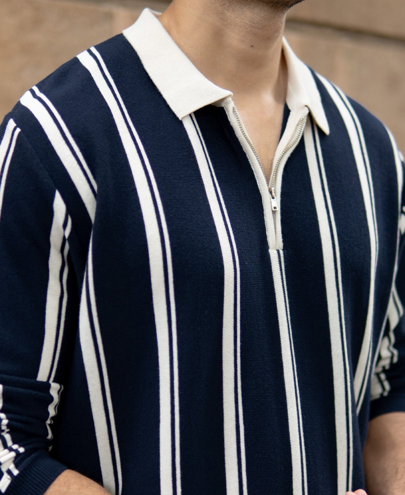 Navy Striped Knit Zipper T-Shirt