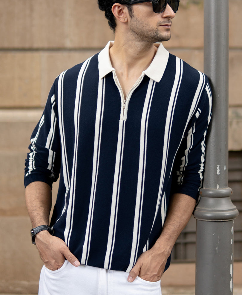 Navy Striped Knit Zipper T-Shirt