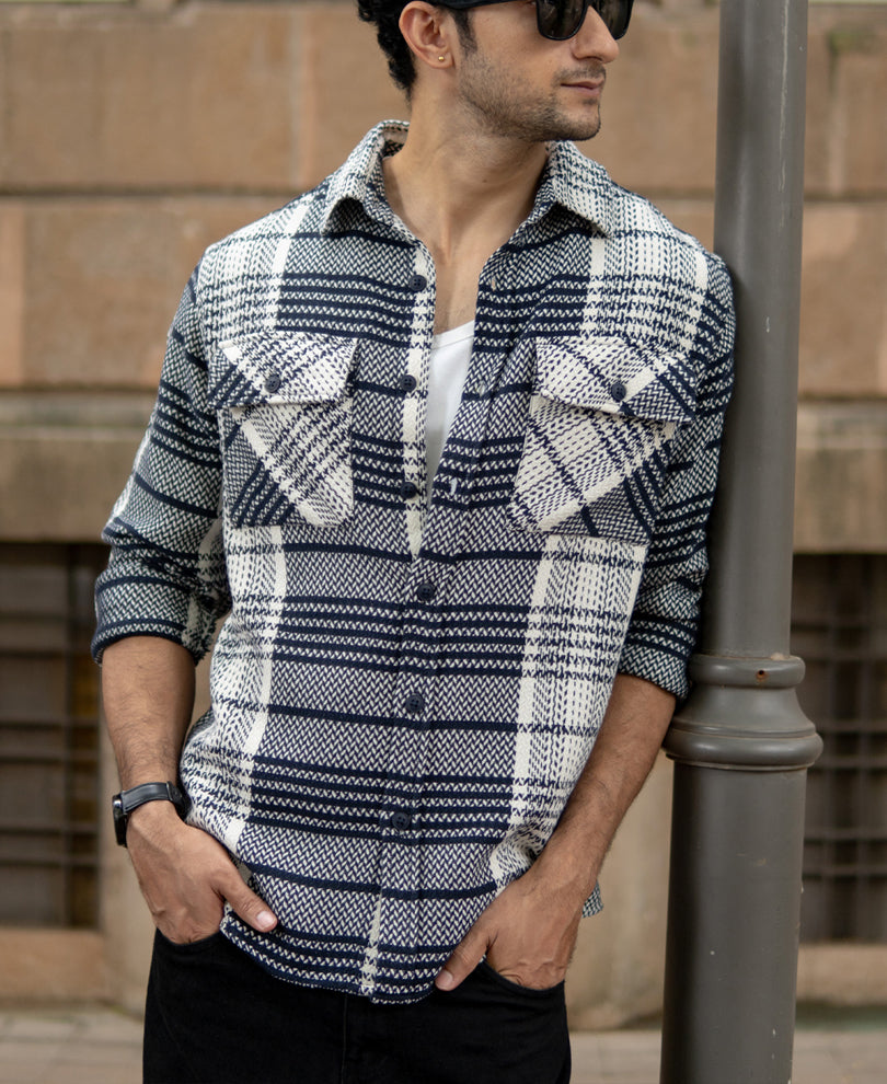White And Navy Structured Checks Shirt