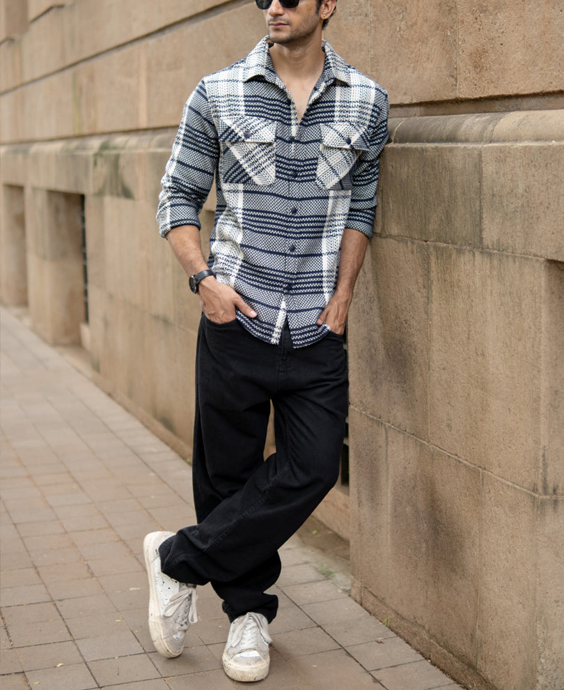 White And Navy Structured Checks Shirt