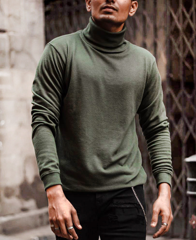 Olive Green Polo Neck Full Sleeves T Shirt