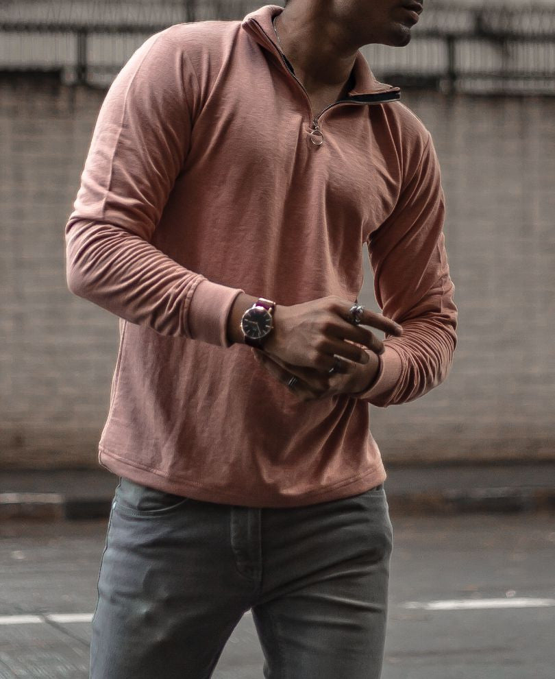Plain Pink Turtle Neck With Zip Full Sleeves T Shirt