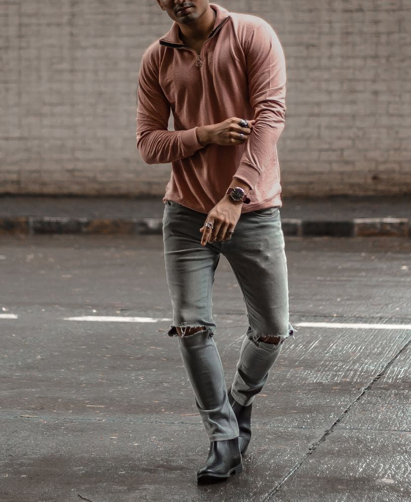 Plain Pink Turtle Neck With Zip Full Sleeves T Shirt