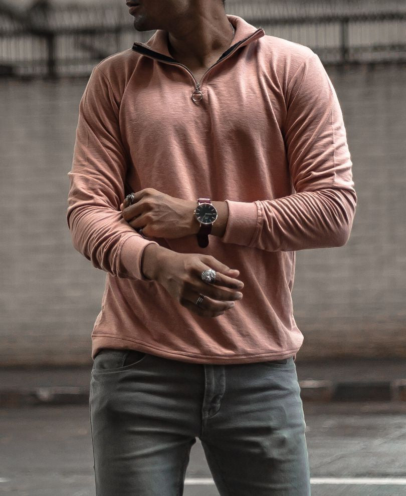 Plain Pink Turtle Neck With Zip Full Sleeves T Shirt