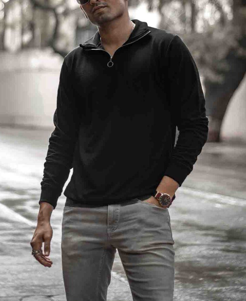 Plain Black Turtle Neck With Zip Full Sleeves T Shirt