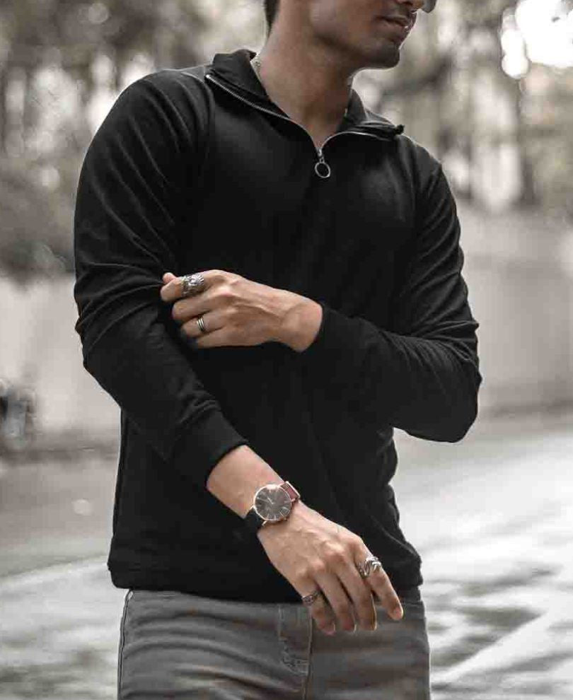 Plain Black Turtle Neck With Zip Full Sleeves T Shirt