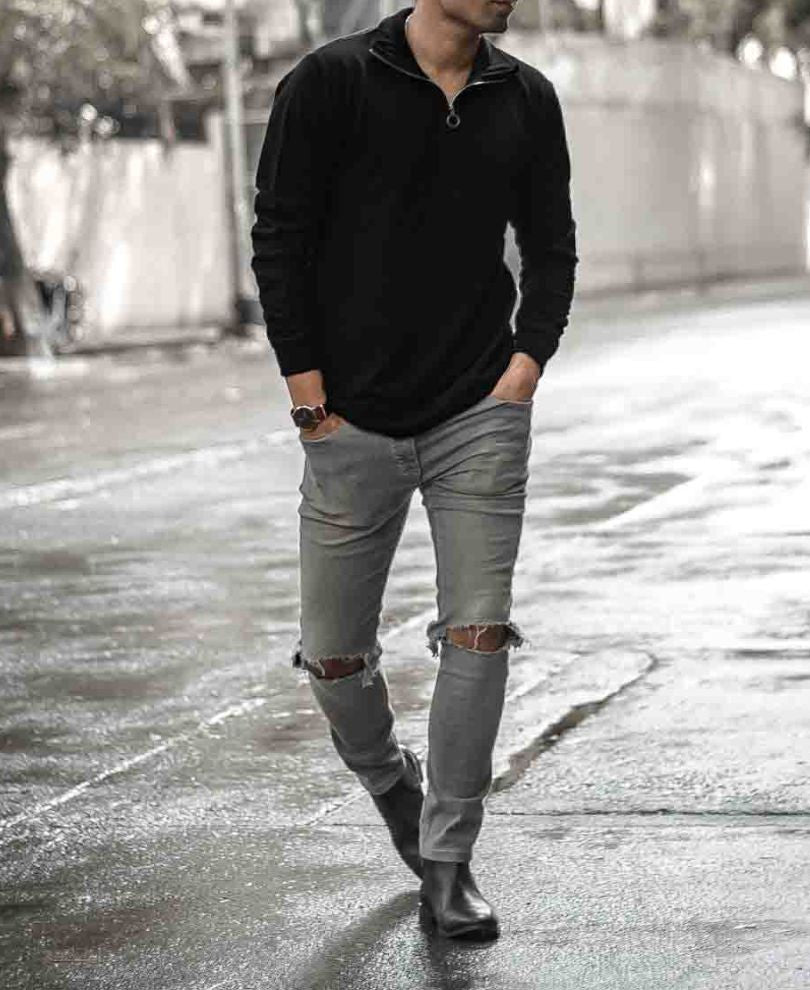 Plain Black Turtle Neck With Zip Full Sleeves T Shirt