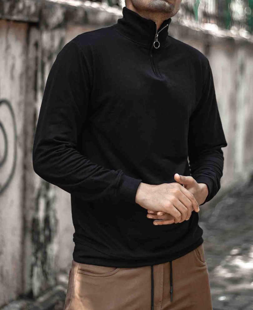 Plain Black Turtle Neck With Zip Full Sleeves T Shirt