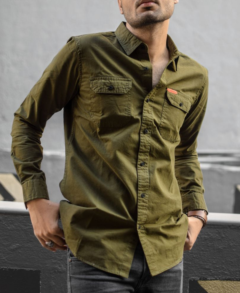 Urban Olive Green Plain Full Sleeves Shirt
