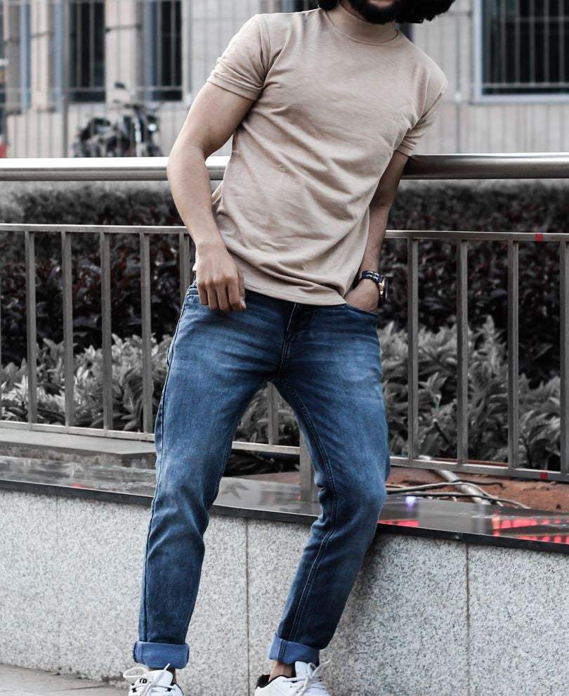Beige High Neck Half Sleeves T Shirt