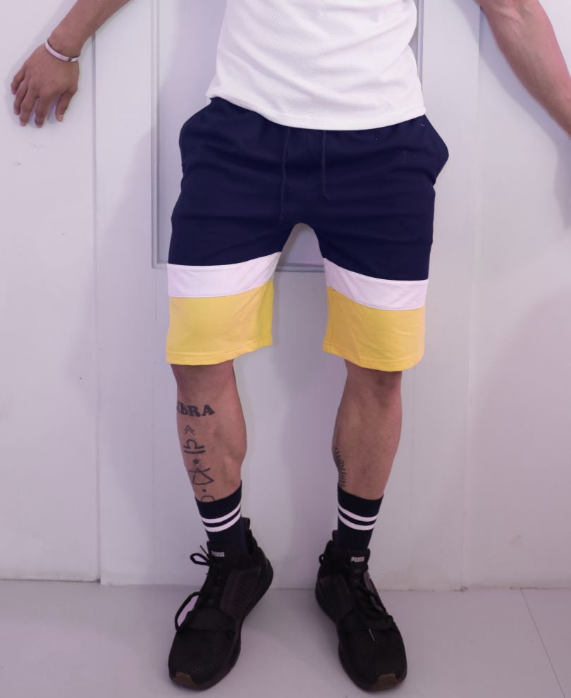 Navy Blue And Yellow Stripe Shorts