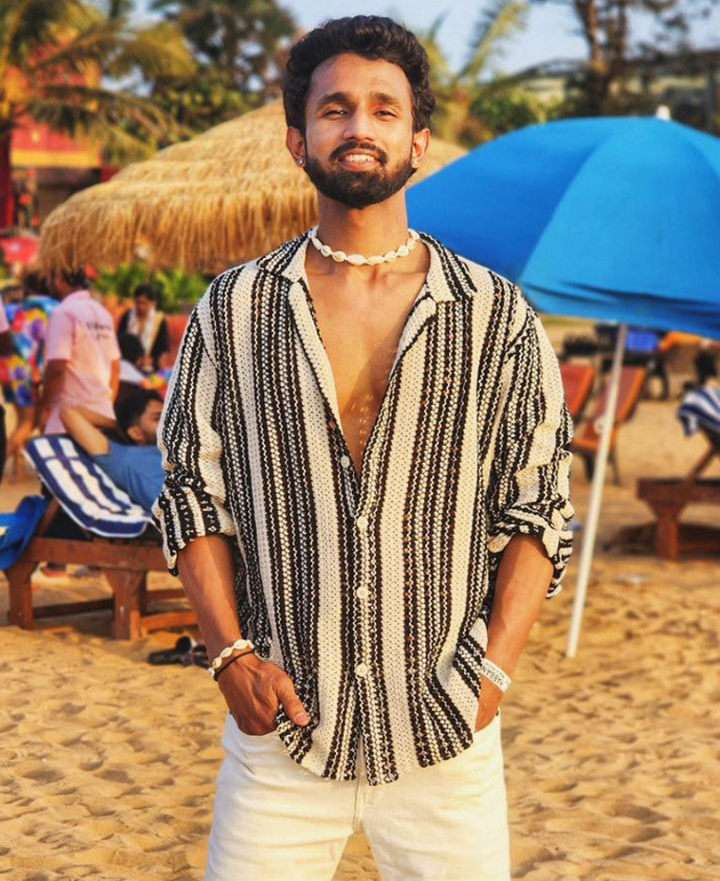 Black and White Crochet Knit Striped Full Sleeves Shirt