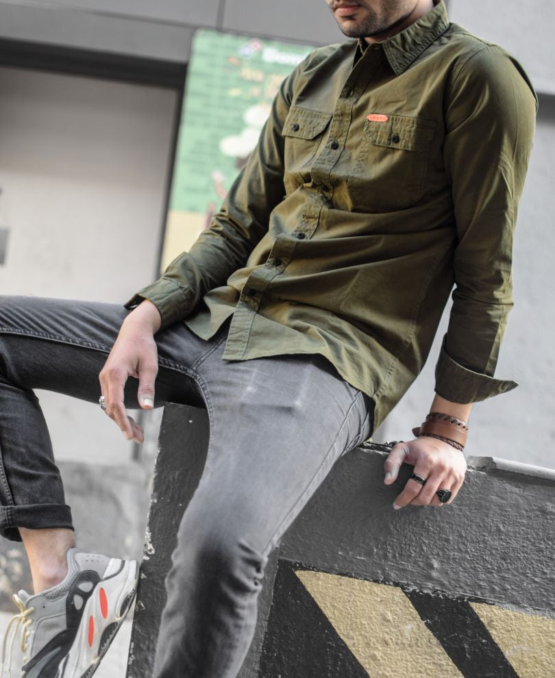 Urban Olive Green Plain Full Sleeves Shirt