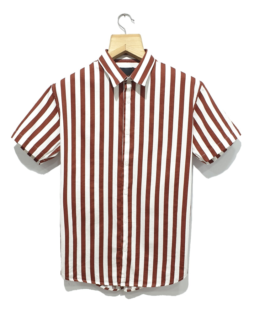 Brown Stripes Print Half Sleeves Shirt
