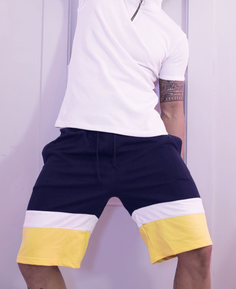 Navy Blue And Yellow Stripe Shorts