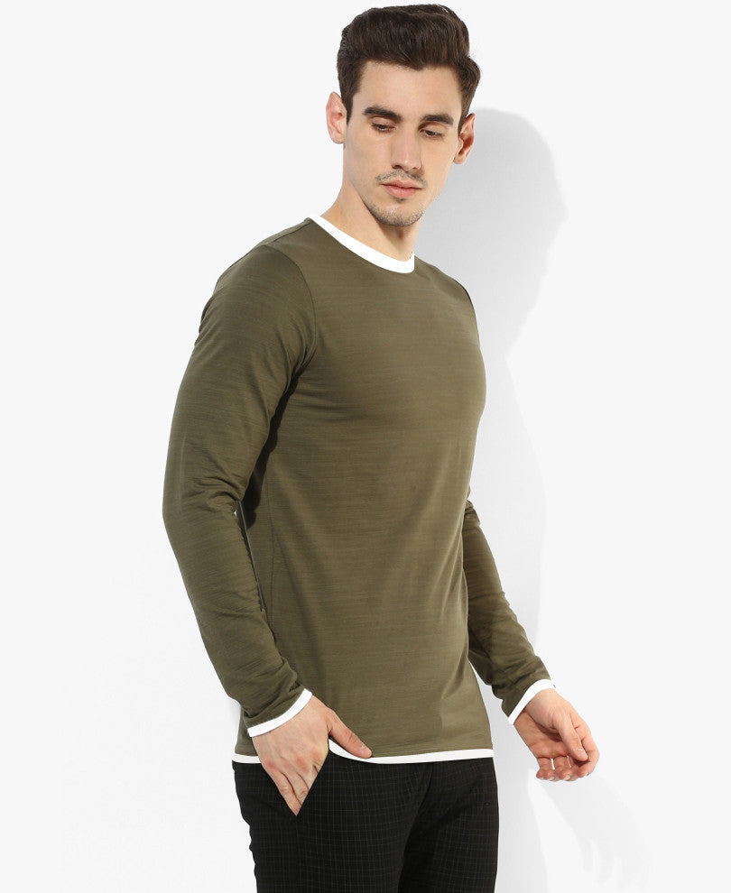 Olive Green Round Neck Full Sleeves T-Shirt