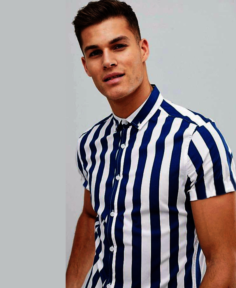 Navy Blue Stripes Print Half Sleeves Shirt
