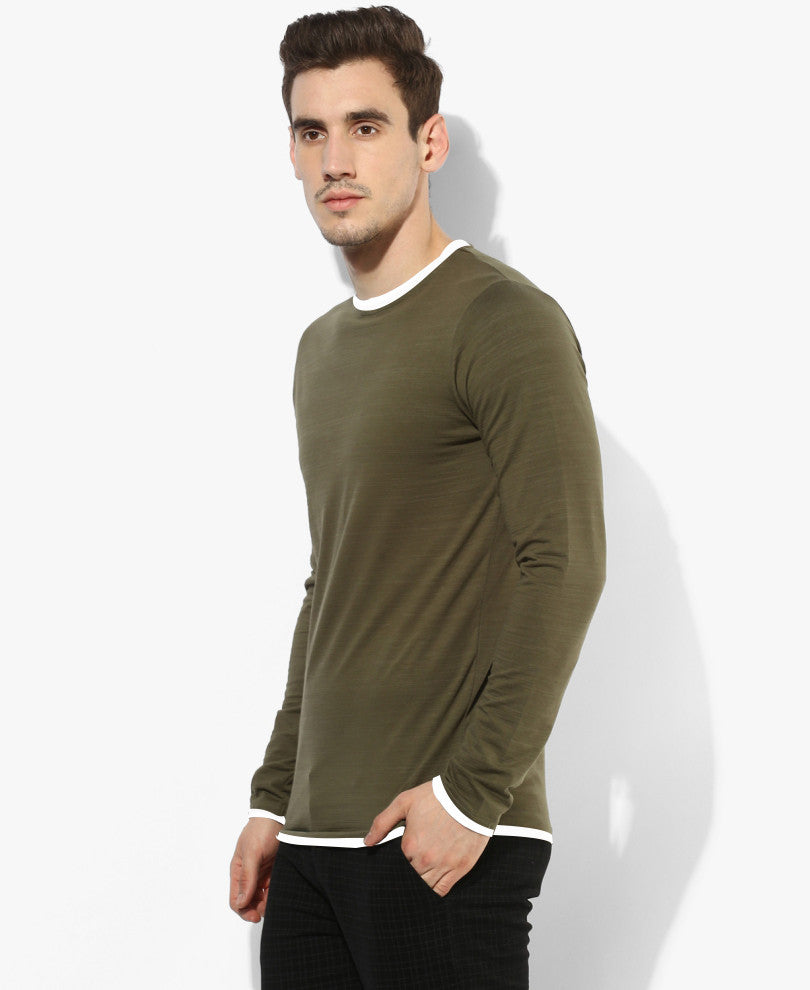 Olive Green Round Neck Full Sleeves T-Shirt