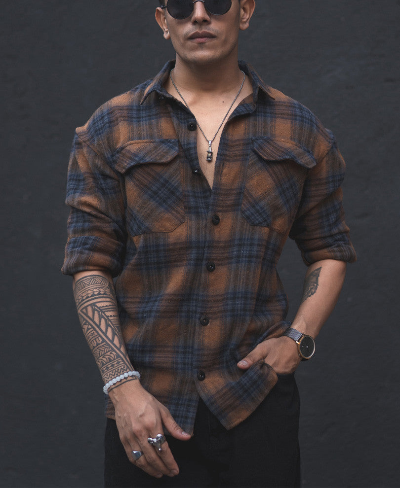 Brown Checks Shacket Oversize Drop Shoulder Shirt