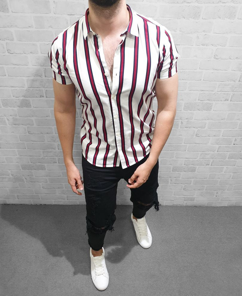 Red and White Stripe Half Sleeves Shirt