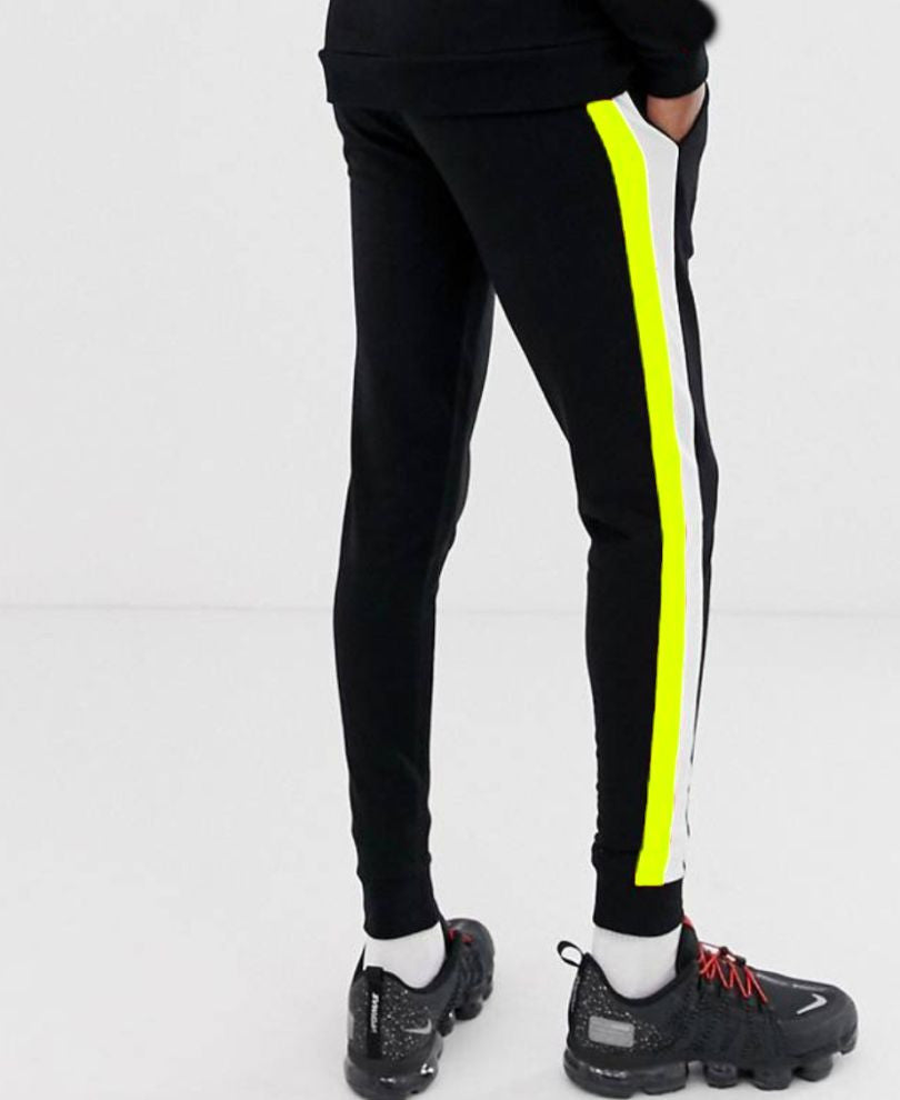Black And Neon Green Double Stripes Ribbed Joggers