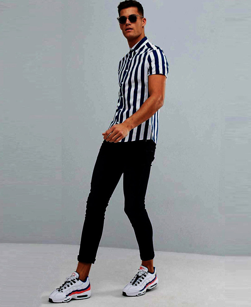 Navy Blue Stripes Print Half Sleeves Shirt