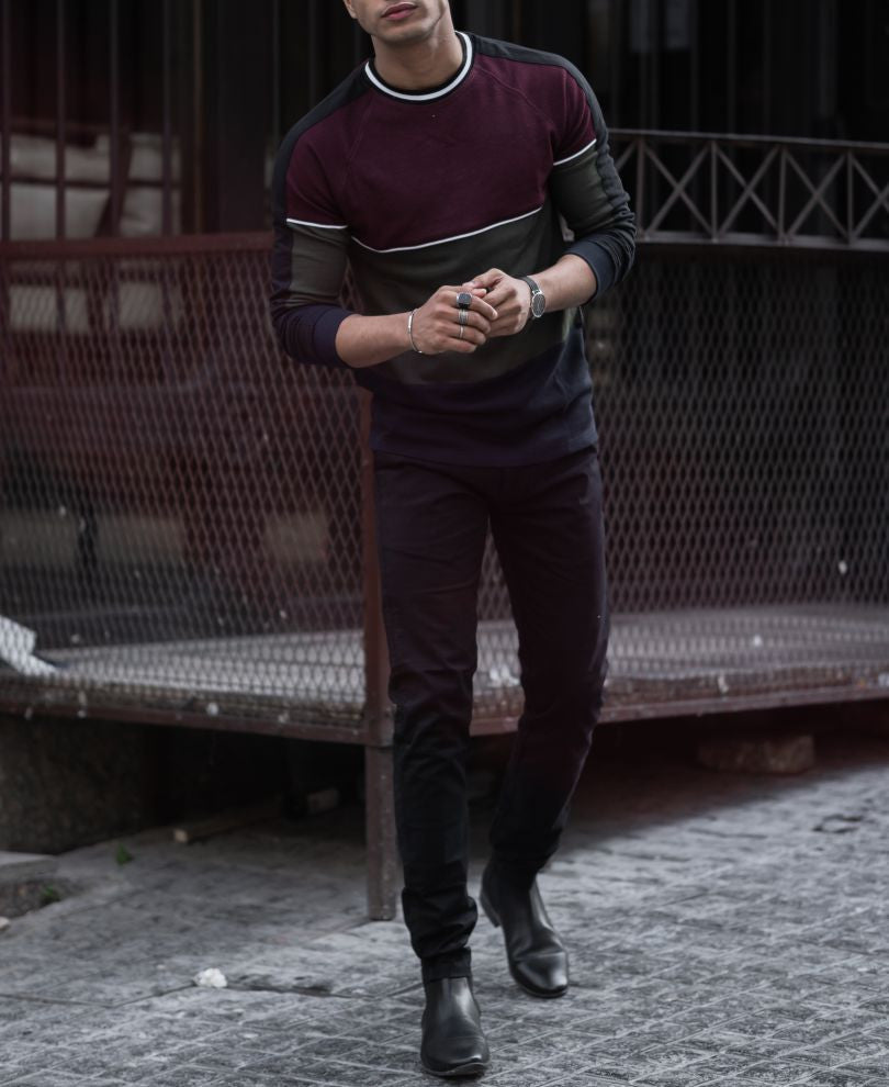 Maroon Three Panel Full Sleeves T Shirt