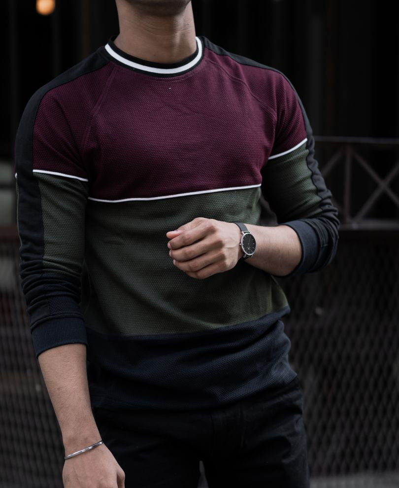 Maroon Three Panel Full Sleeves T Shirt