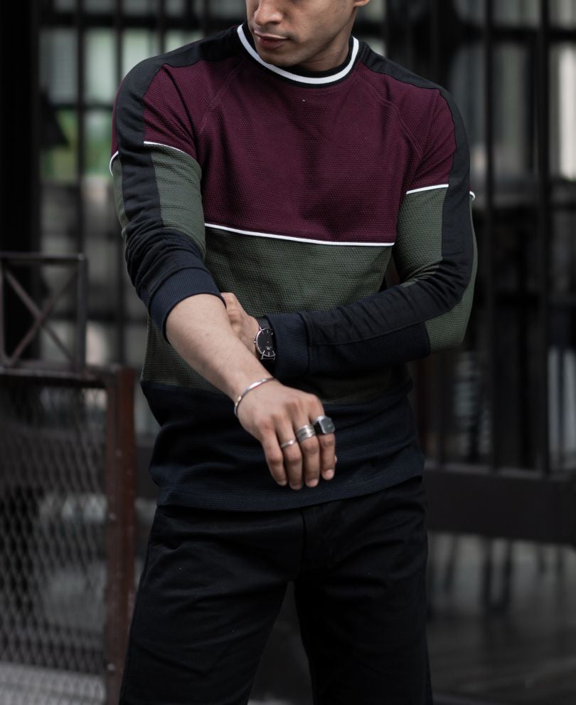 Maroon Three Panel Full Sleeves T Shirt