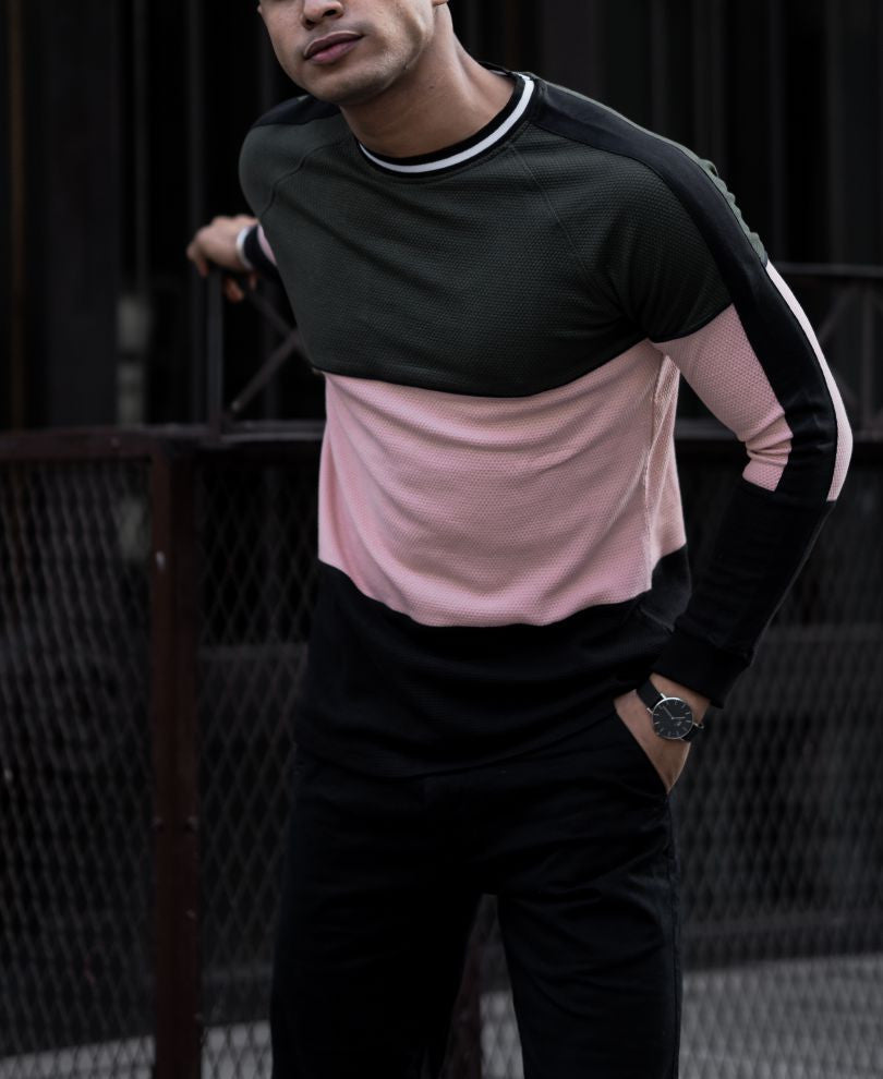 Olive Green Three Panel Full Sleeves T Shirt