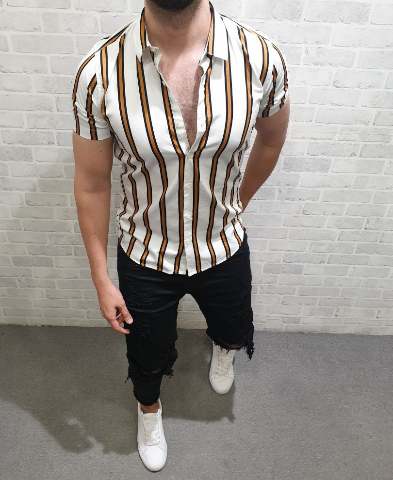 Mustard and White Stripe Half Sleeves Shirt
