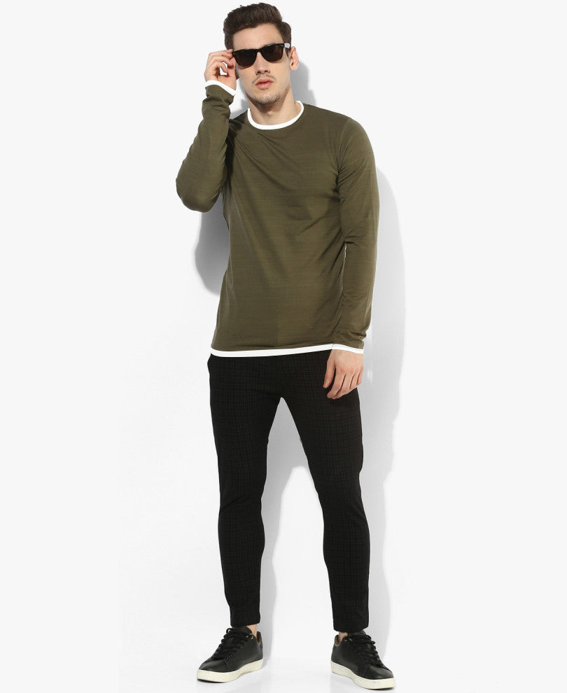 Olive Green Round Neck Full Sleeves T-Shirt