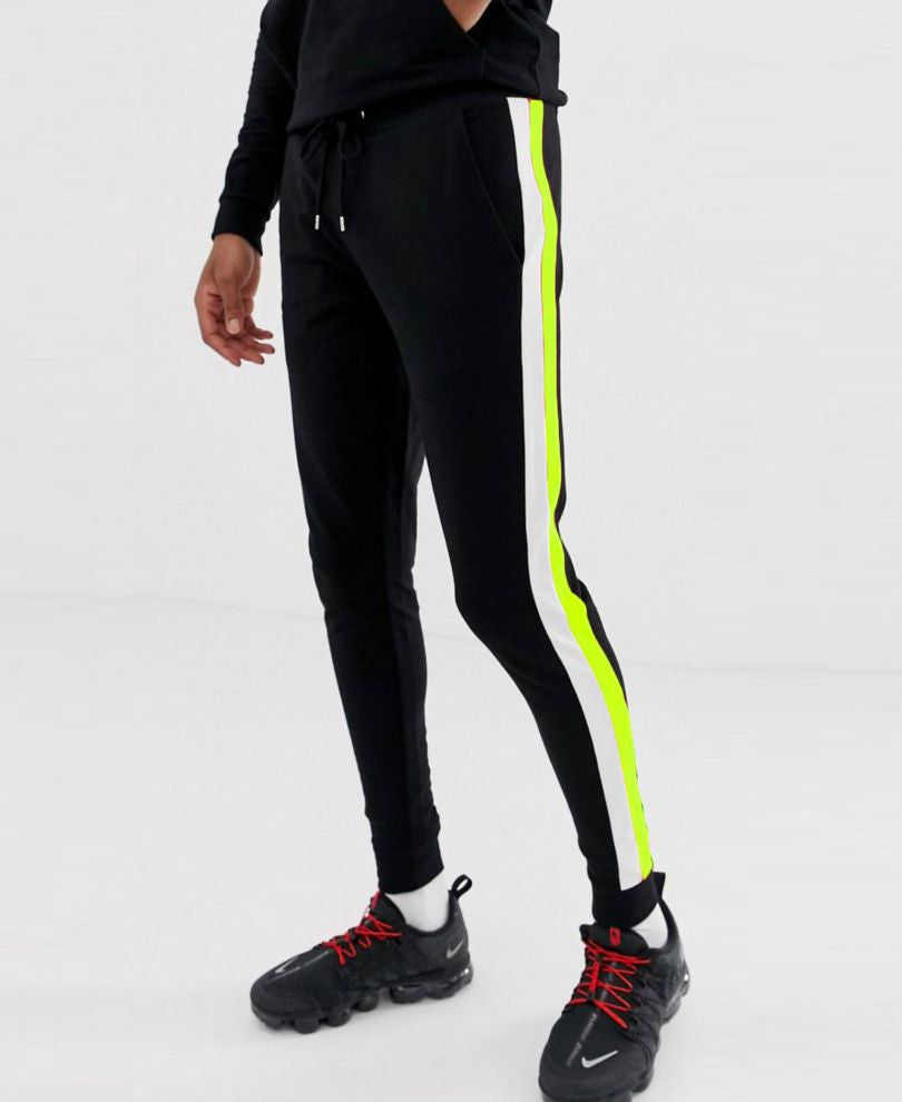 Black And Neon Green Double Stripes Ribbed Joggers