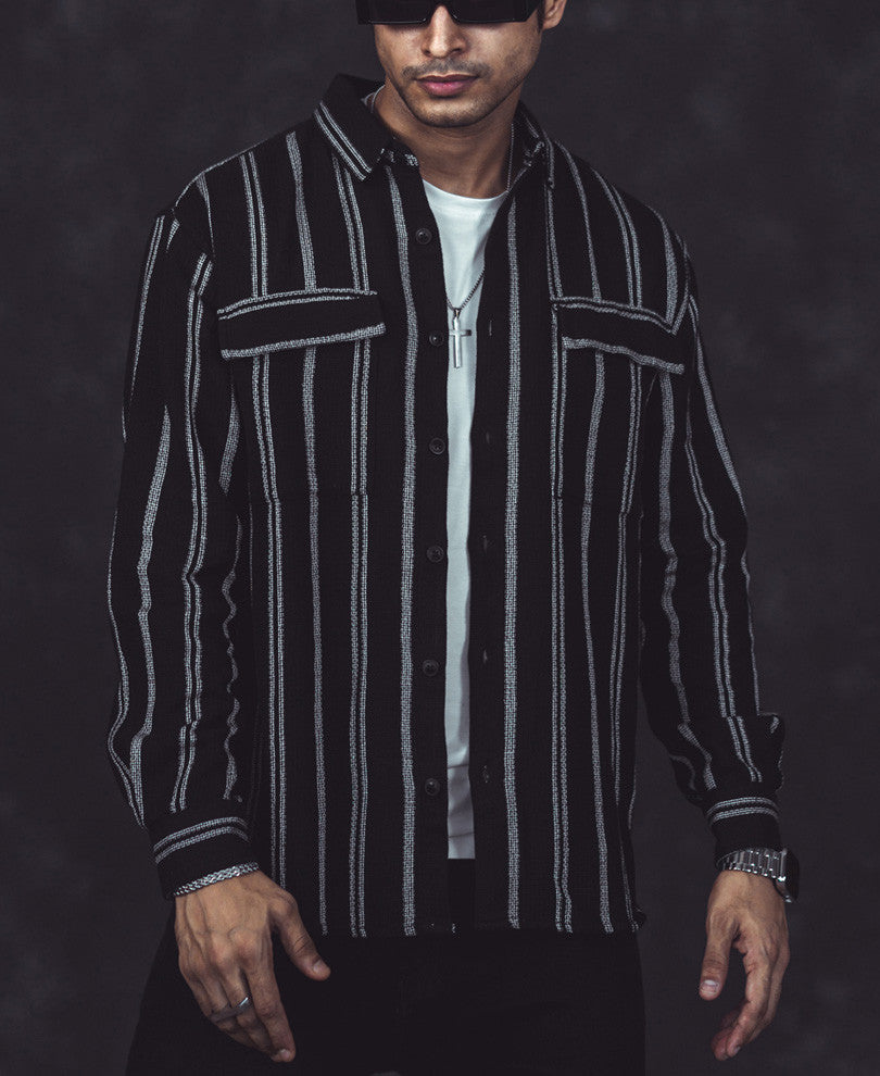 Black and White Vertical Striped Shacket Oversized Shirt