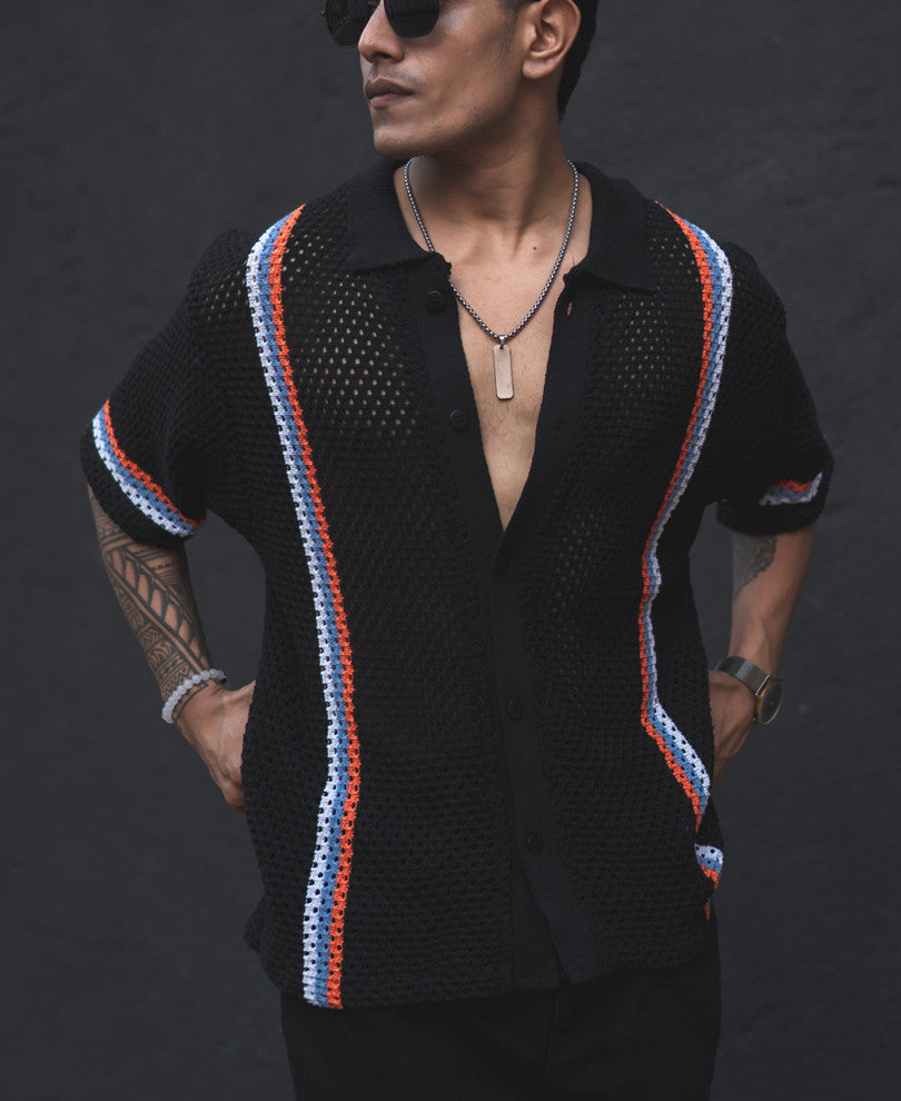 Black Crochet Knit Striped Oversized Shirt