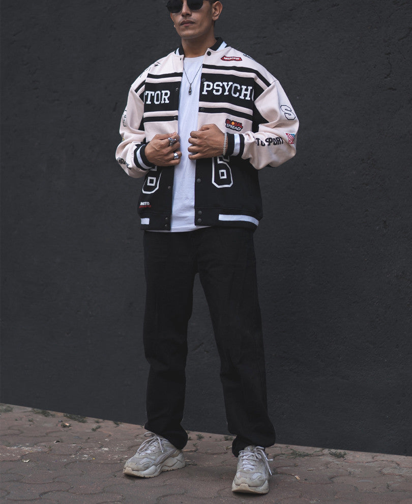 Beige and Black Motor Psycho Oversized Varsity Jacket