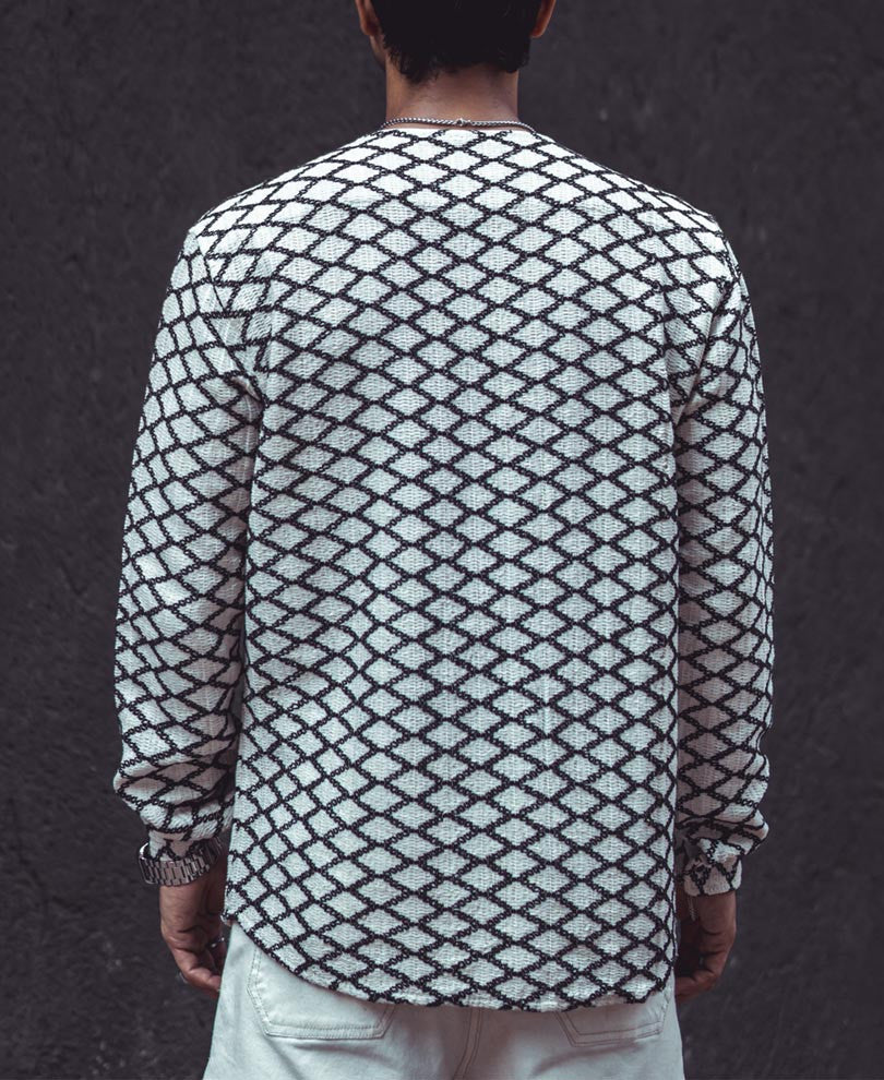 White Structured Rhombi Full Sleeves Kurta Style Shirt