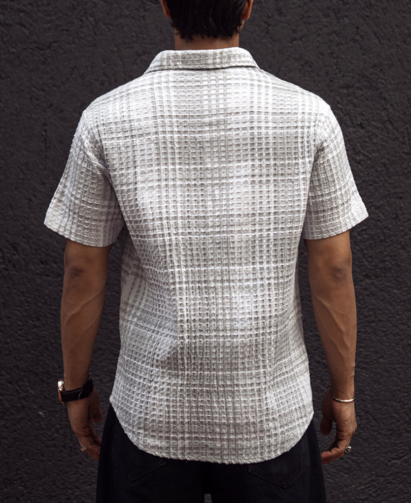 Grey and Off White Regular Fit Waffle Checks Shirt