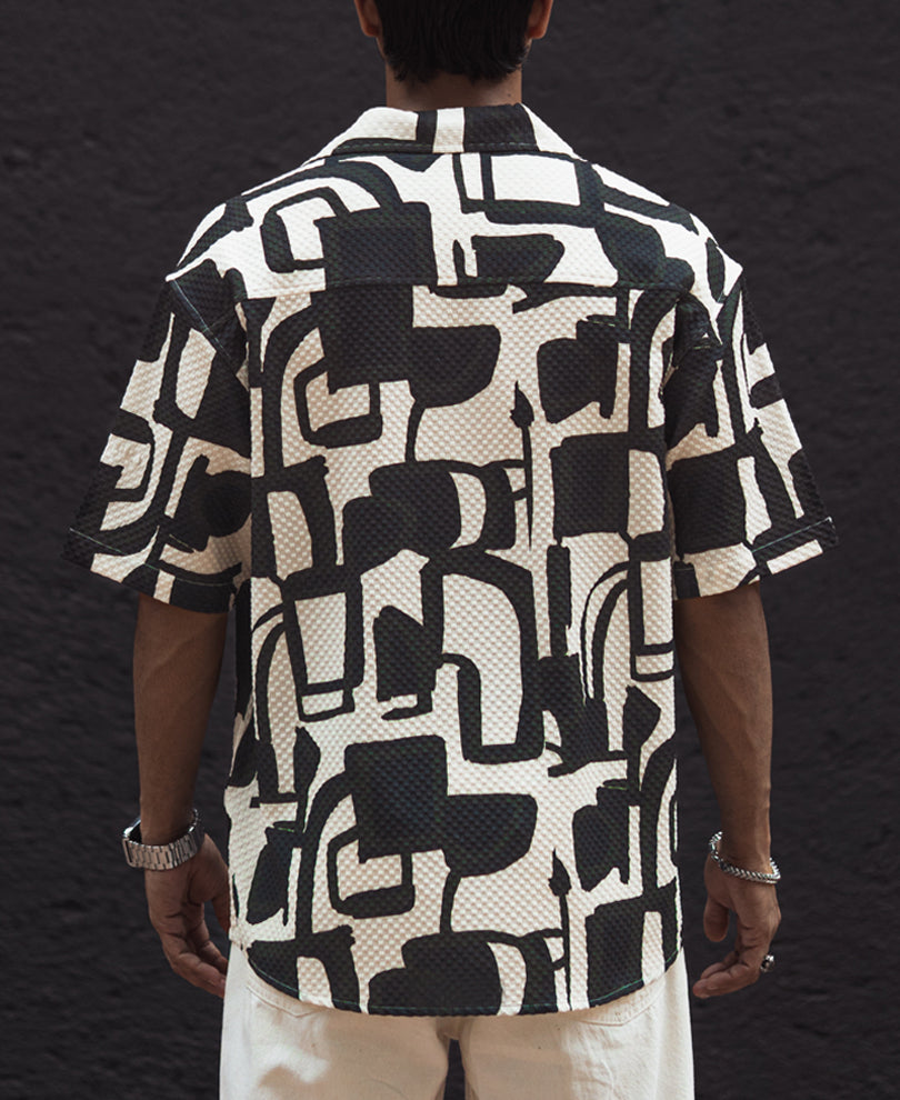 Black and White Structured Printed Half Sleeves Oversized Shirt