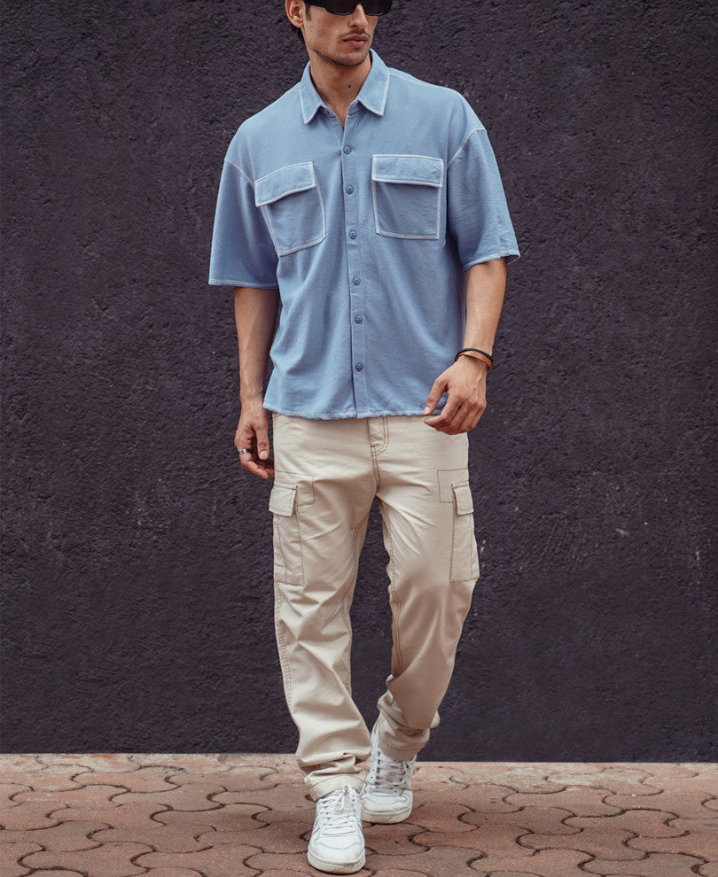 Sky Blue Contrast Stitch Knitted Shacket Oversize Drop Shoulder Shirt