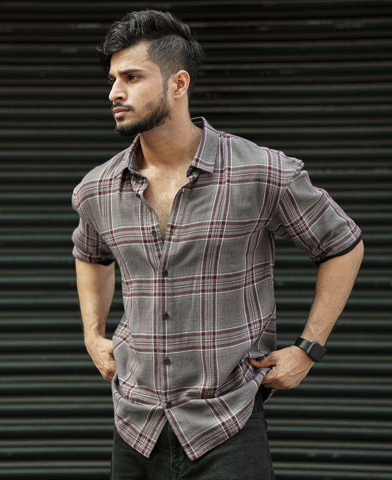 Dark Grey Checks Oversize Drop Shoulder Shirt