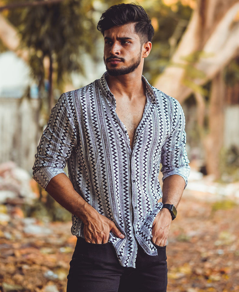 Black And White Ethnic Print Full Sleeves Shirt